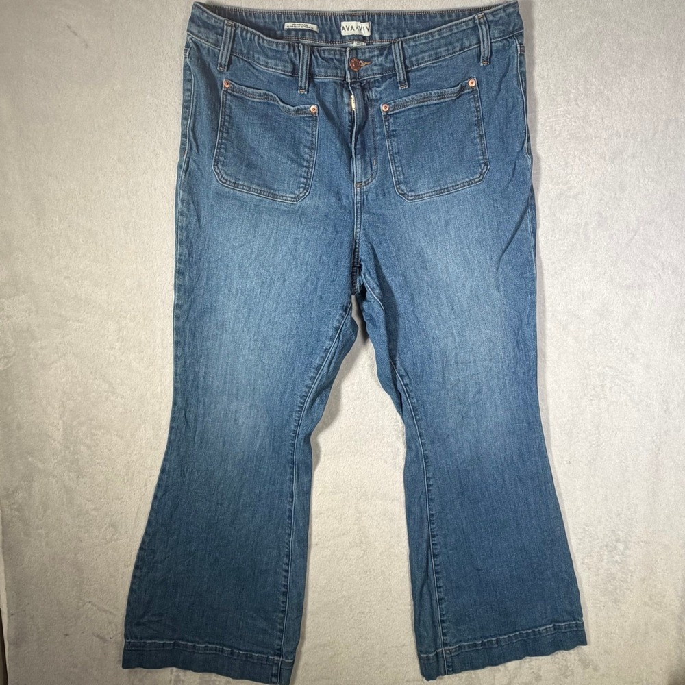 Ava & Viv Womens Plus Size 18 High Rise Flare Jeans Blue Denim Patch Pockets
